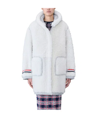 Thom Browne Stripe-trim Hooded Shearling Coat In White