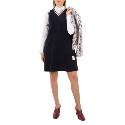 Thom Browne Stripe V-neck Classic Pique Tennis Dress In Black