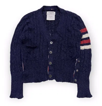 Pre-owned Thom Browne Striped Cable Knit Cardigan In Blue