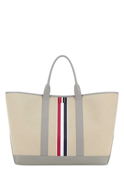Thom Browne Striped Canvas Tote Bag In Beige