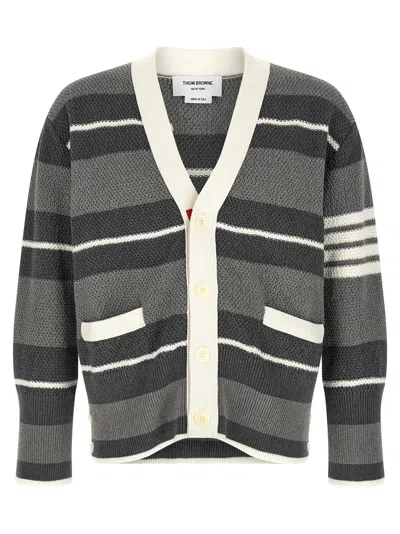 Thom Browne Striped Cardigan Sweaters And Cardigans Gray In Multi