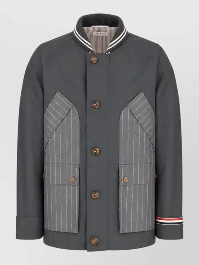Thom Browne Striped Coat Ribbed Collar Front Pockets Cuffs In Gray