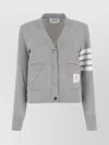 Thom Browne Striped Cotton V-neck Cardigan Pockets In Gray