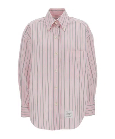 Thom Browne Striped Curved Hem Shirt In Pink