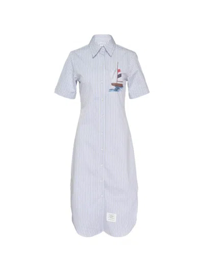 Thom Browne Striped Embroidered Mini Shirt Dress In White