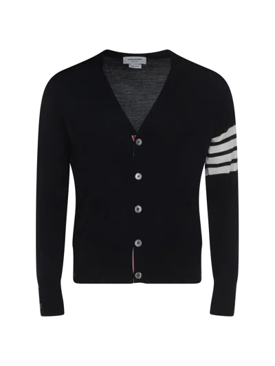Thom Browne Striped Fleece Wool V-neck Cardigan In Black