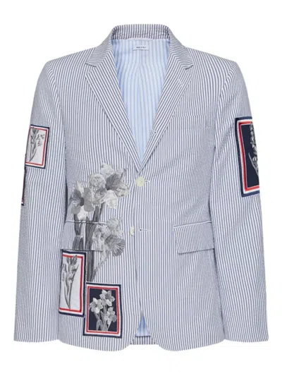 Thom Browne Striped Floral-embroidered Blazer In Blue