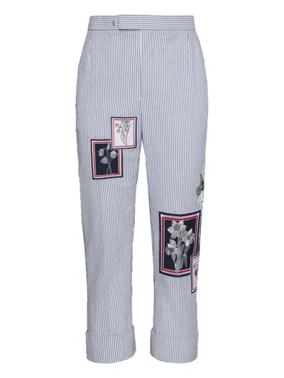 Thom Browne Striped Floral-patch Pants In Blue