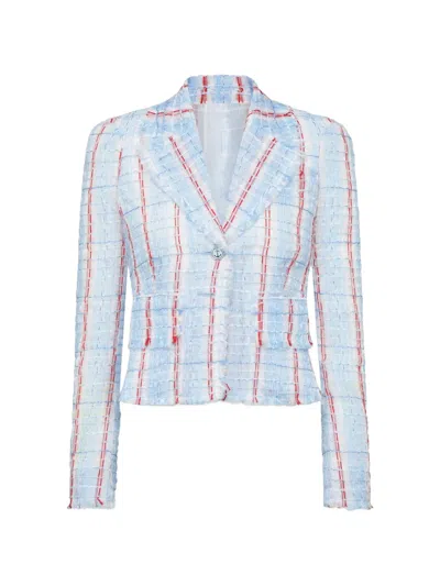 Thom Browne Striped Frayed Tweed Jacket In Blue