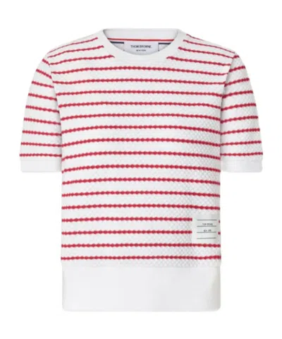 Thom Browne Striped Honeycomb-rib T-shirt In White