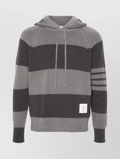 Thom Browne Striped Hooded Knit Sweater Drawstring In Grey