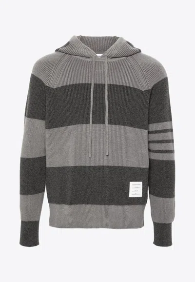 THOM BROWNE STRIPED KNITTED HOODED SWEATER