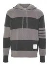Thom Browne 4-bar Striped Knitted Drawstring Hoodie In Grey