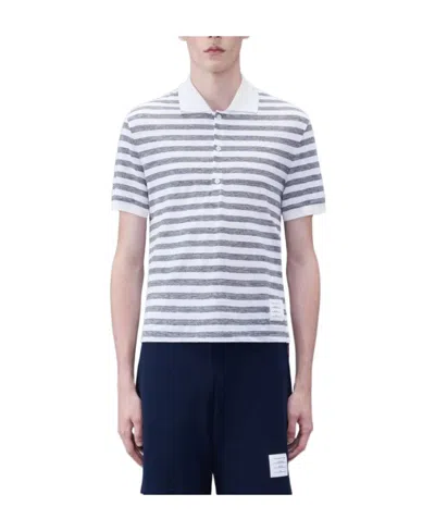 Thom Browne Striped Linen Polo Shirt In White