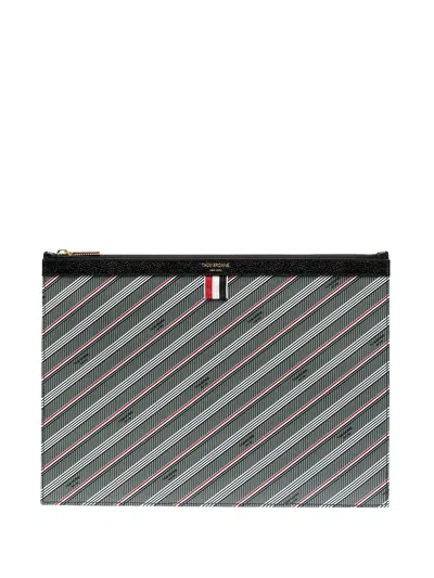 Thom Browne Striped Logo-print Pouch In Grey