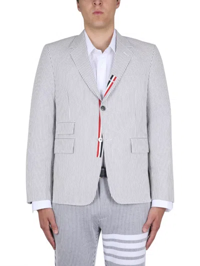 Thom Browne Striped Notched Lapel Jacket For Men In Gray