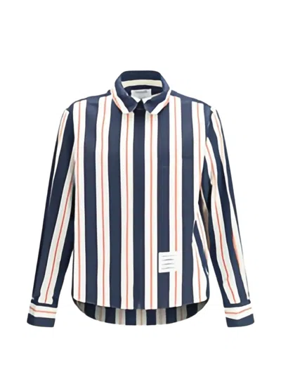 Thom Browne Seersucker Stripe Zip-up Shirt With Point Collar In Blue