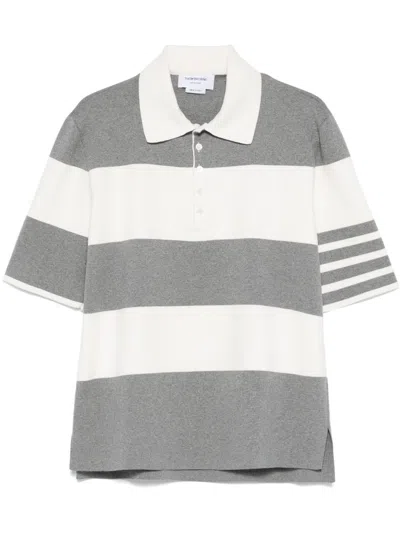 Thom Browne Short-sleeved Polo Shirt With Horizontal Stripes And Classic Collar In Gray