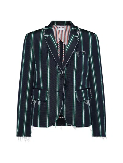 Thom Browne Striped Raw Edge Blazer In Blue