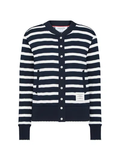 Thom Browne Stripe Scallop Edge Cotton Rib Cardigan In Black