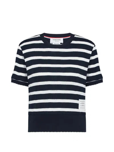 Thom Browne Stripe Scallop Edge Short Sleeve Cotton Rib Sweater In Black