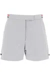 THOM BROWNE STRIPED SEERSUCKER COTTON TAILORING SHORTS WITH ADJUSTABLE STRAPS AND TRICOLOR TAB