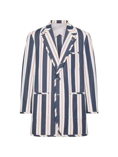 Thom Browne Striped Seersucker Jacket In Blue