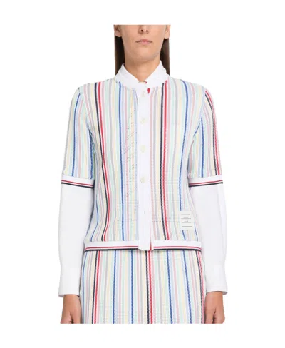 THOM BROWNE THOM BROWNE STRIPED SHORT-SLEEVE KNITTED CARDIGAN