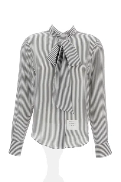 Thom Browne Striped Silk Shirt With Detachable Tie Collar And Signature Details In Gray