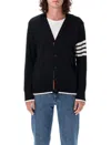 Thom Browne Jersey Stitch Relaxed Fit V Neck Cardigan In Fine Merino Wool With 4 Bar Stripes In Black