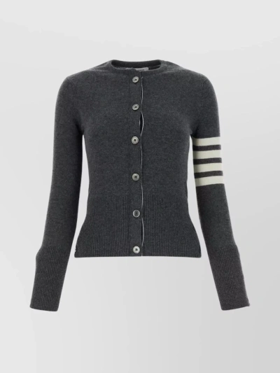 THOM BROWNE STRIPED SLEEVE KNIT CARDIGAN WITH RIBBED HEM