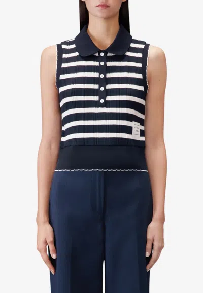 Thom Browne Striped Sleeveless Polo T-shirt In Blue