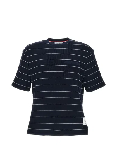 Thom Browne Short Sleeve Tee In Textured Stripe Waffle In Black