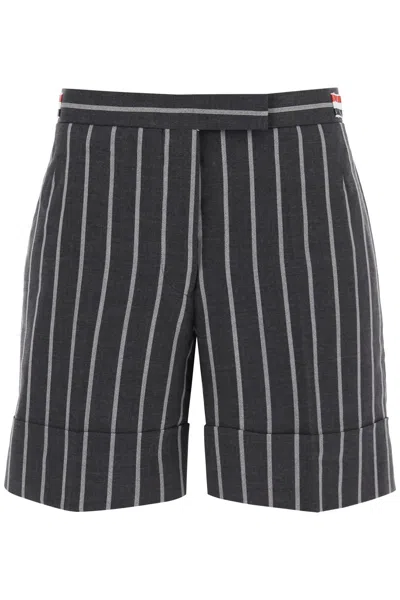 THOM BROWNE STRIPED TAILORING SHORTS IN LIGHT WOOL WITH CUFFED HEM