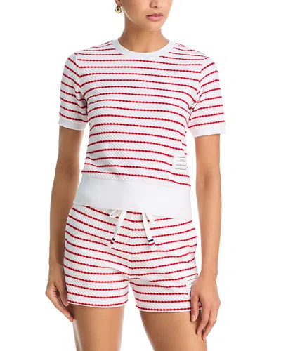 Thom Browne Striped Textured Honeycomb Short Sleeve Tee In White