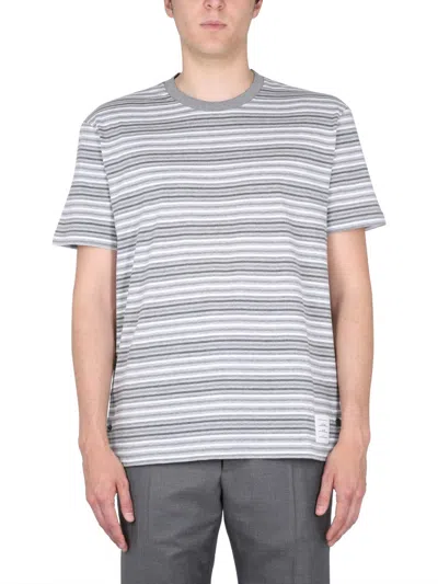 Thom Browne Striped T-shirt With Logo Patch And Grosgrain Tab In Multi