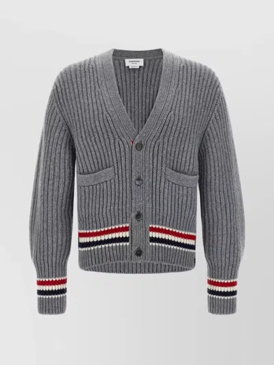 THOM BROWNE STRIPED V-NECK CARDIGAN FRONT POCKETS