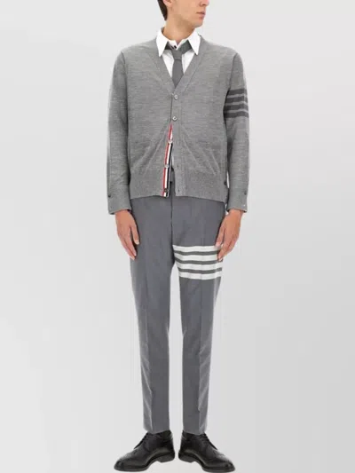 Thom Browne Striped V-neck Ribbed Cardigan With Long Sleeves In Gray