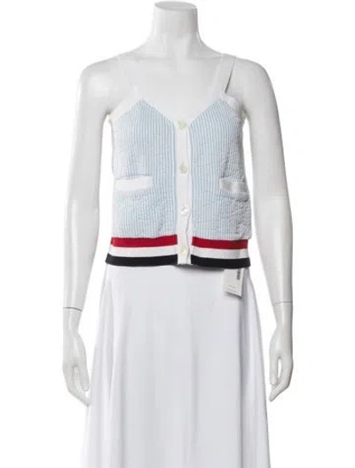 Pre-owned Thom Browne Striped V-neck Button-up Top In Neutral