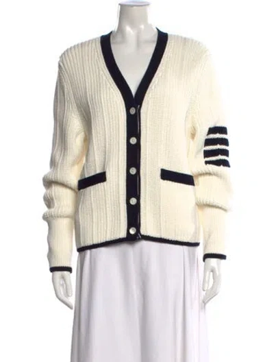 Pre-owned Thom Browne Striped V-neck Sweater In White