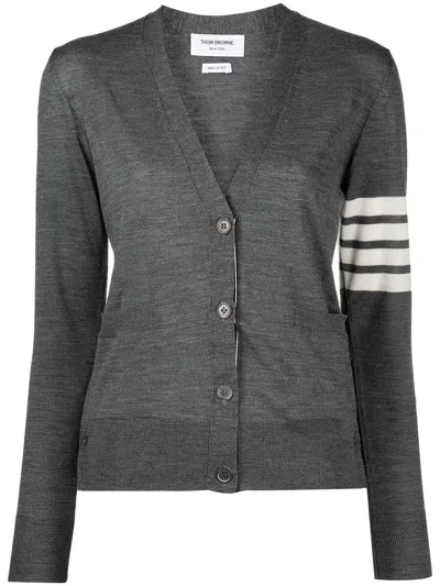 Thom Browne Striped Wool Cardigan In Gray