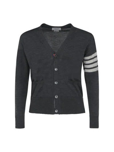 Thom Browne Striped-sleeve Fleece Wool Cardigan In Gray