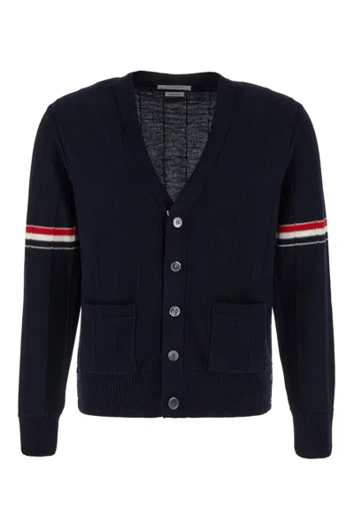 Thom Browne Tricolour Stripe Detail V-neck Cotton Cardigan In Blue