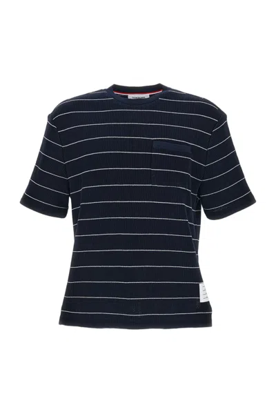 THOM BROWNE STRUCTURED STRIPE WAFFLE SHORT SLEEVE TEE