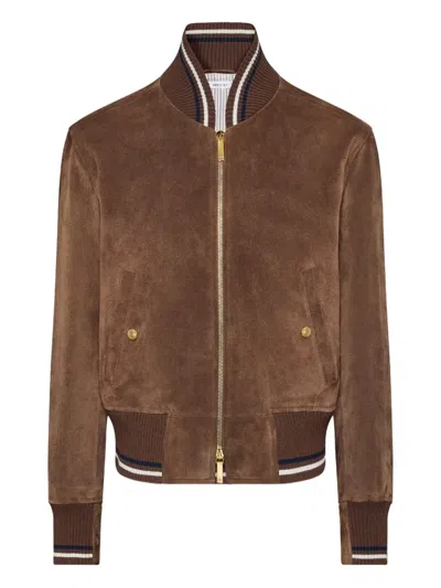 Thom Browne Suede Bomber Jacket In Brown