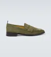 Thom Browne Suede Loafers With Rounded Toe And Tricolor Detail In Dk Green 