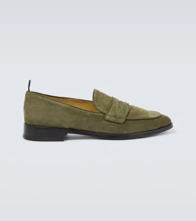 Thom Browne Suede Penny Loafers In Dk Green 