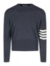 Thom Browne Crewneck Sweater With Ribbed Cuffs And Striped Sleeve In Gray