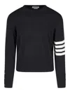 Thom Browne Ribbed Hem Crewneck Striped Sleeve Button Cuffs In Black