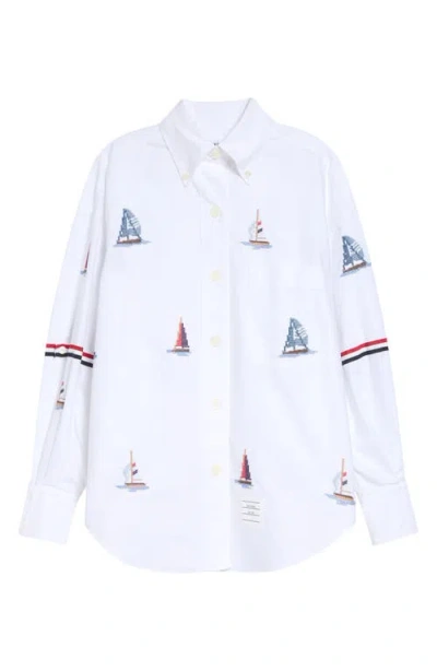 Thom Browne Supersize Embroidered Sailboat Button-down Shirt In White